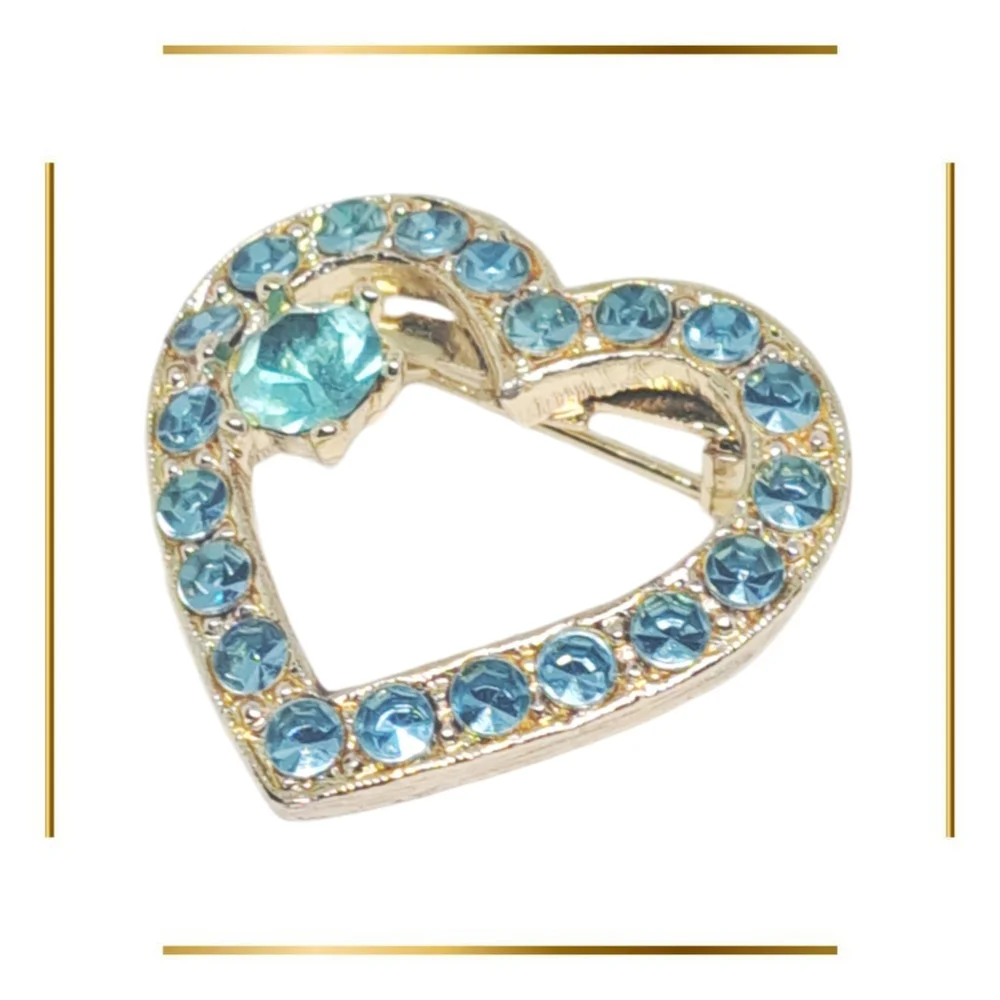 Gold Tone Heart Shaped Brooch with Blue Rhinestones